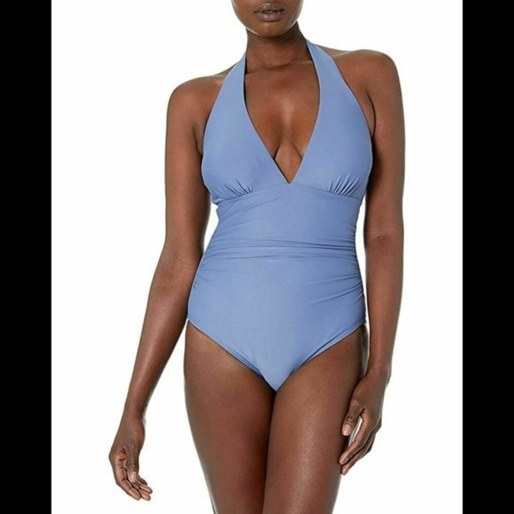 ☀️Tommy Hilfiger Harbor Blue Size 12 Solid Shirred Halter One-Piece NWOT $108